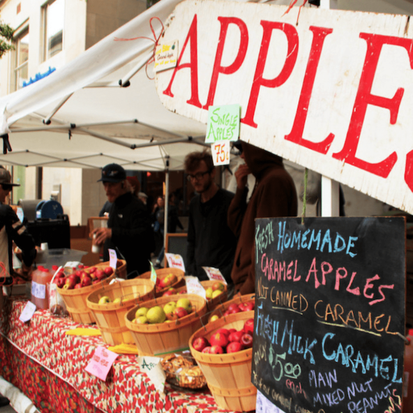 Just one of the many beautifully-decorated apple vending stands!