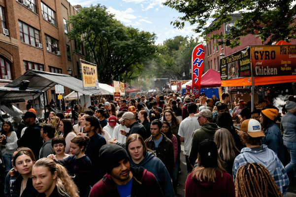 A huge crowd of visitors passing through the Ithaca Commons!